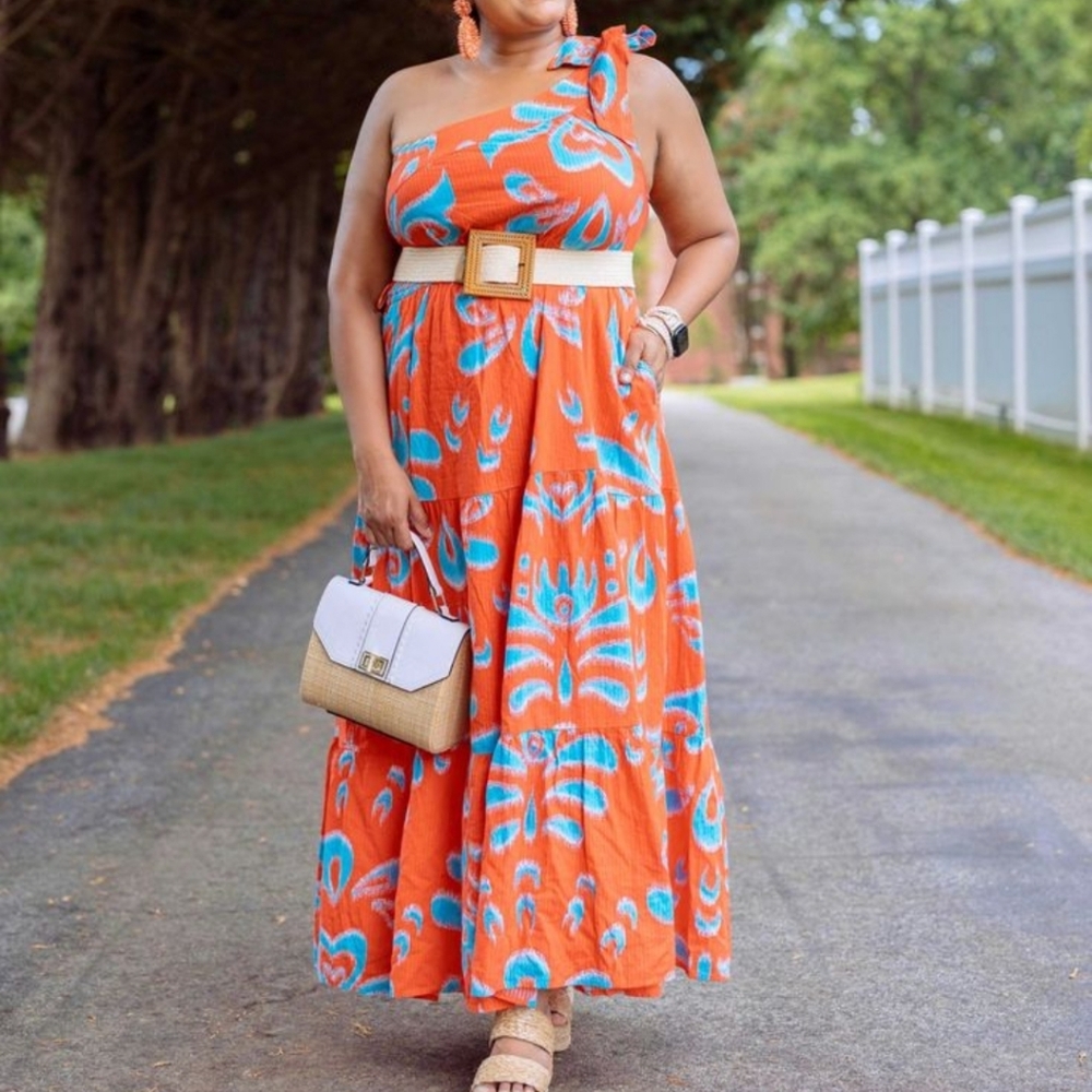 NWT Crown & Ivy One Shoulder Tie Maxi Sundress XL Orange Blue Ikat Print Pockets